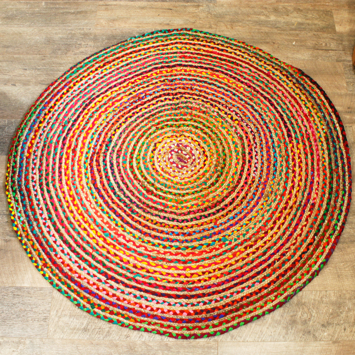 Boho-Teppich – rund, aus Jute und recycelter Baumwolle, 150 cm