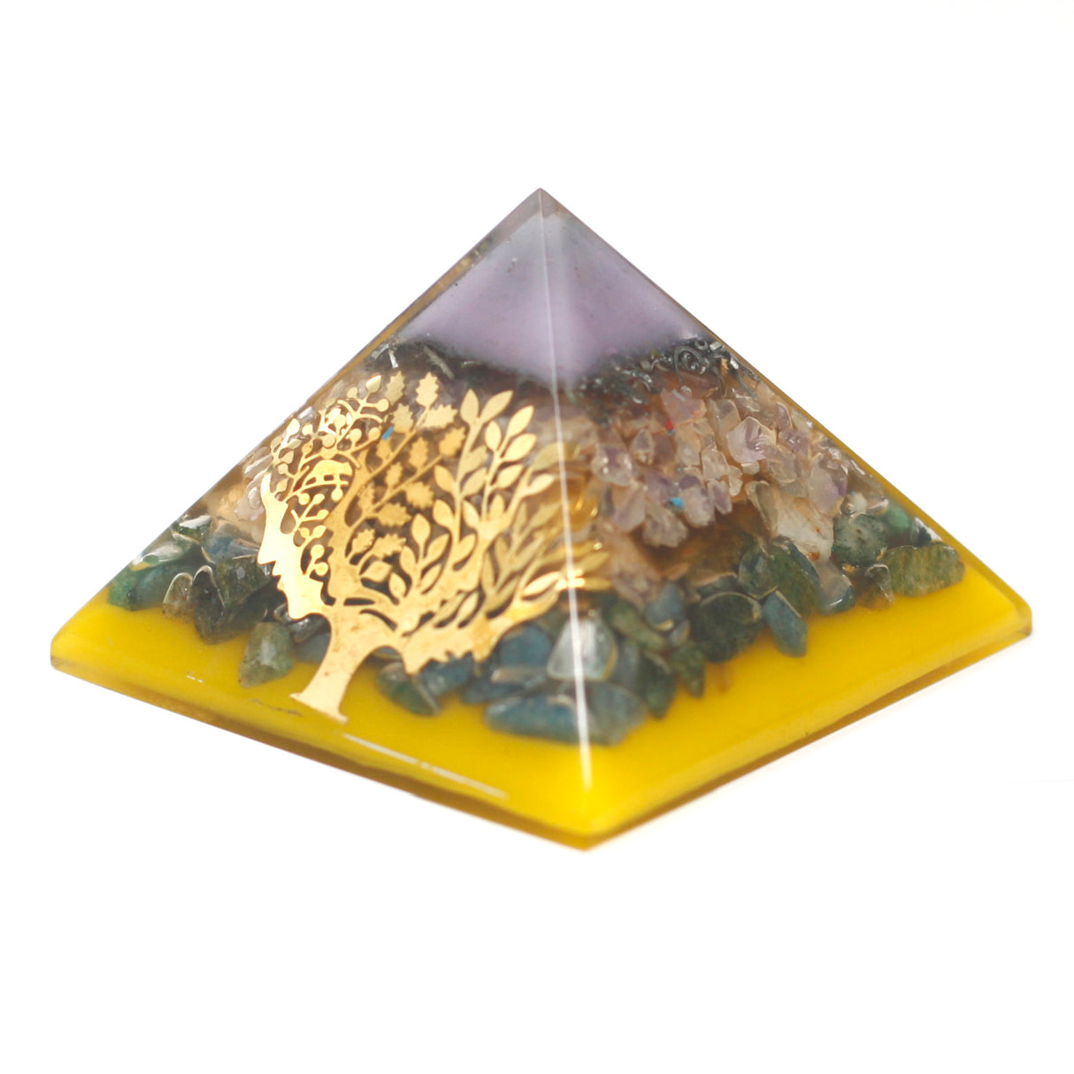 Orgonite Pyramid - Tree Gold Base Copper Gemstones Crystals 70mm