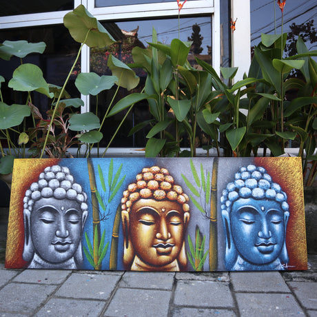 Buddha kangas-taideteos, kolme päät bambu