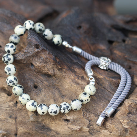 Dalmatian Jasper Charcoal String Bracelet – 925 Silver Plated