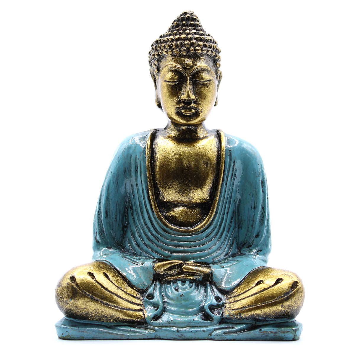 Buddha-Statue, Blaugrün und Gold – Mittelgroß