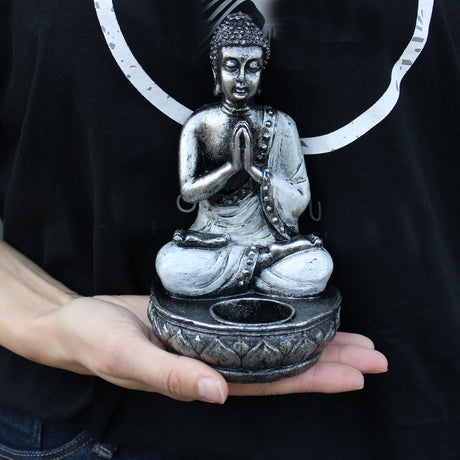 Buddha gyertyatartó gyanta, fehér közepes