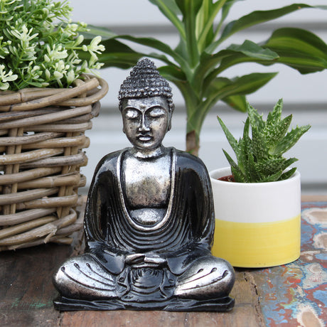 Meditierender Buddha Statue Schwarz und Grau Harz Mittel