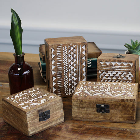 Wooden Pill Box Whitewashed Aztec Design