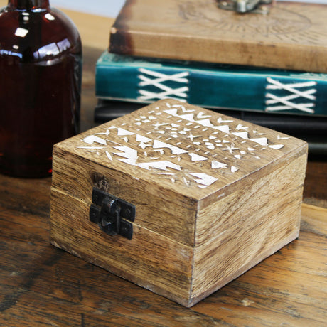 Wooden Box Whitewashed Slavic Design 10x10x6 cm