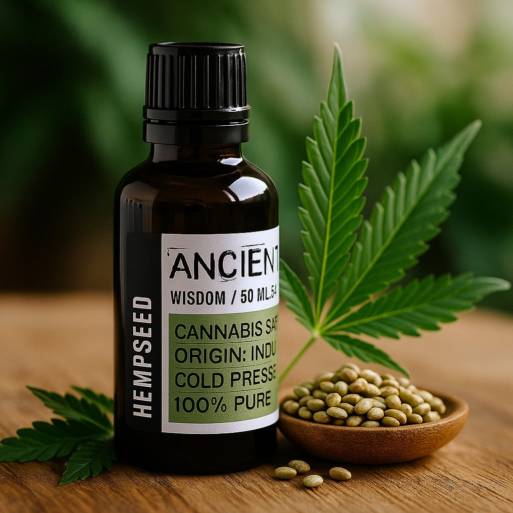 Hempseed bottle with label, cannabis leaves, and seeds on a wooden surface