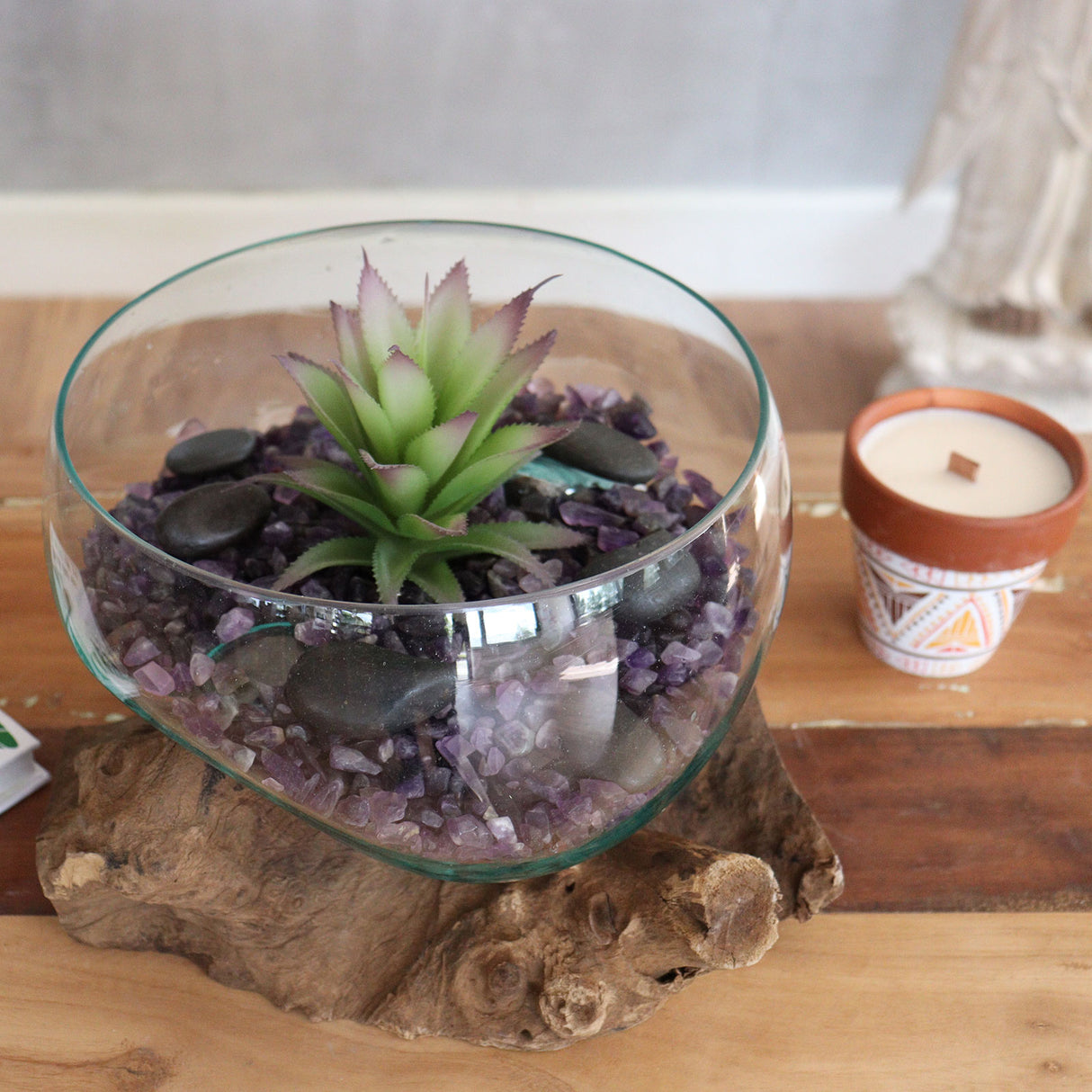 Molten Recycled Glass Bowl on Wood Base