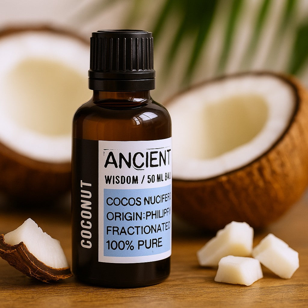 Bottle of coconut oil with a label on a wooden surface with coconuts and pieces of coconut around.