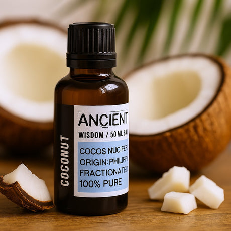 Bottle of coconut oil with a label on a wooden surface with coconuts and pieces of coconut around.