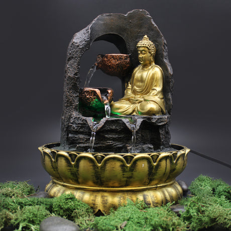 Tabletop Fountain, 30cm Golden Meditating Buddha