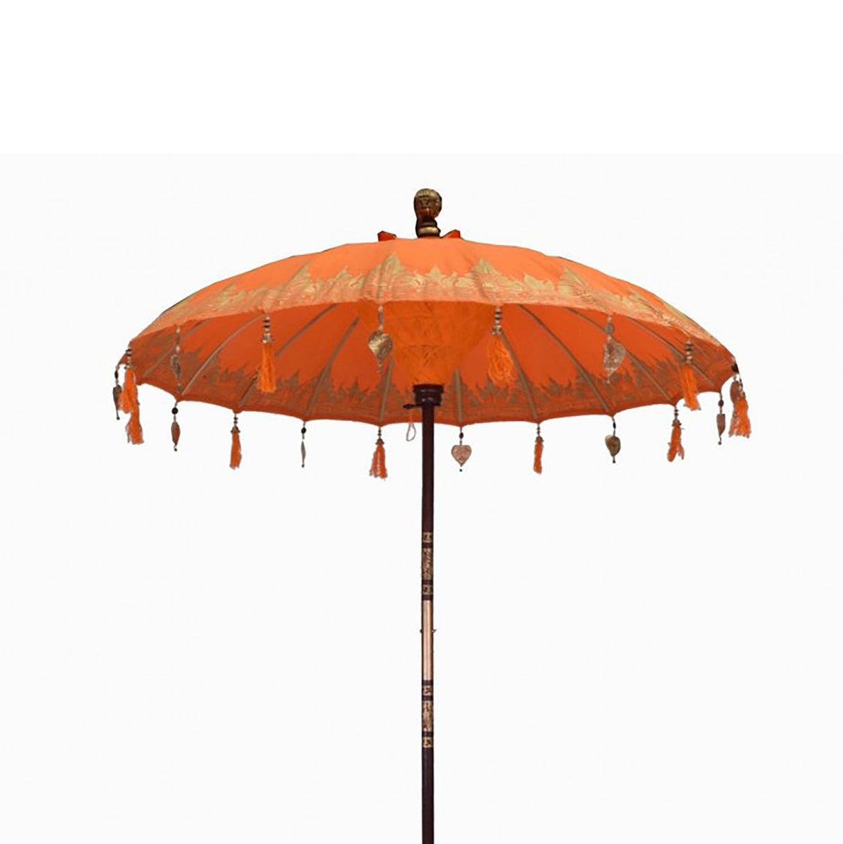 Handcrafted Bali Patio Parasol - 2m Orange Cotton Canopy with Gold Patterns and Tassels - UK Mainland Shipping Only