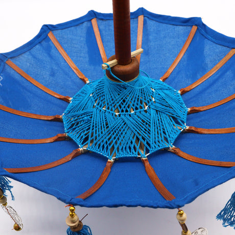 Handcrafted Bali Home Decor Parasol - 40cm Blue Cotton Umbrella with Tassels and Beads