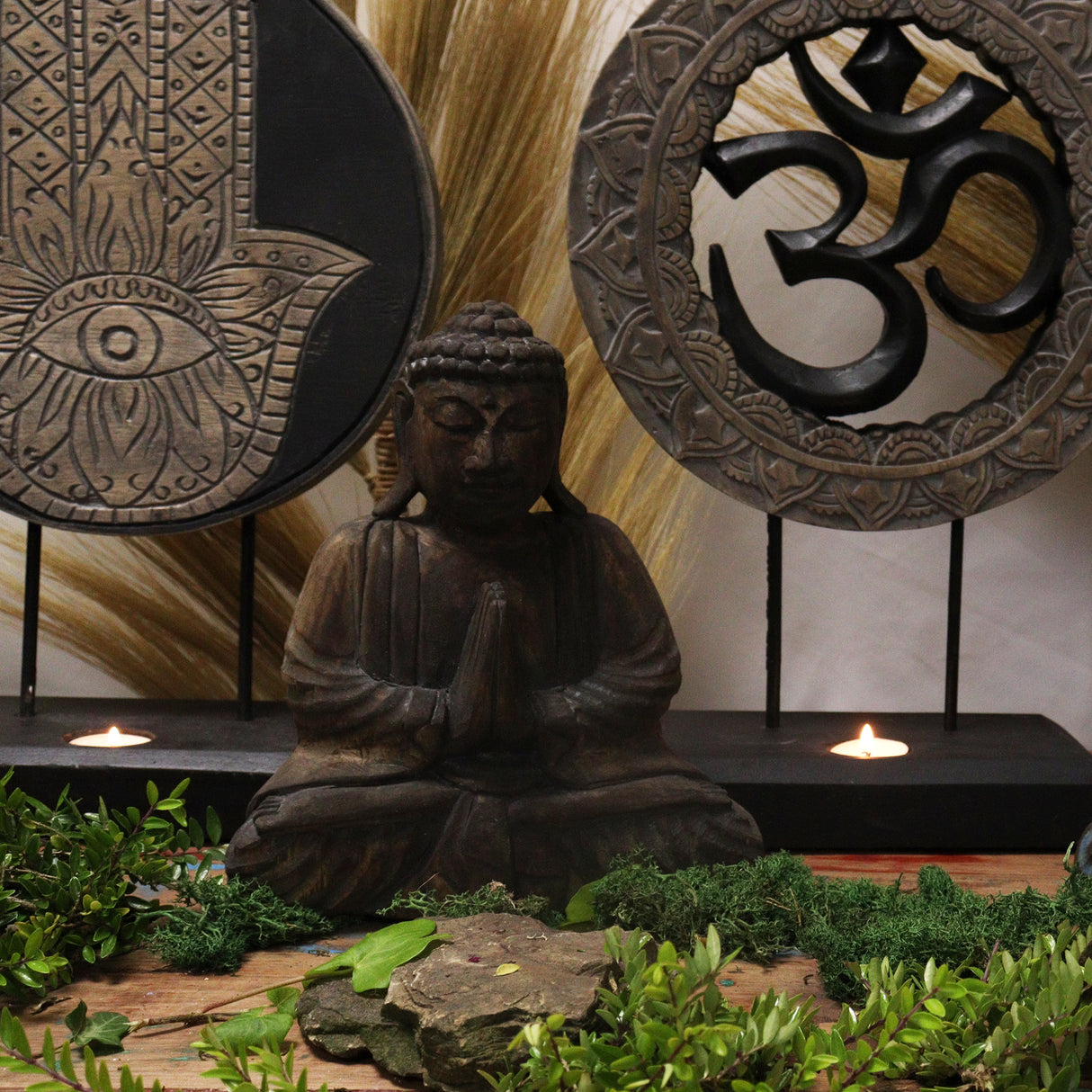 Zestaw figur Buddha 2-częściowy z symbolem Om, szaro-czarny
