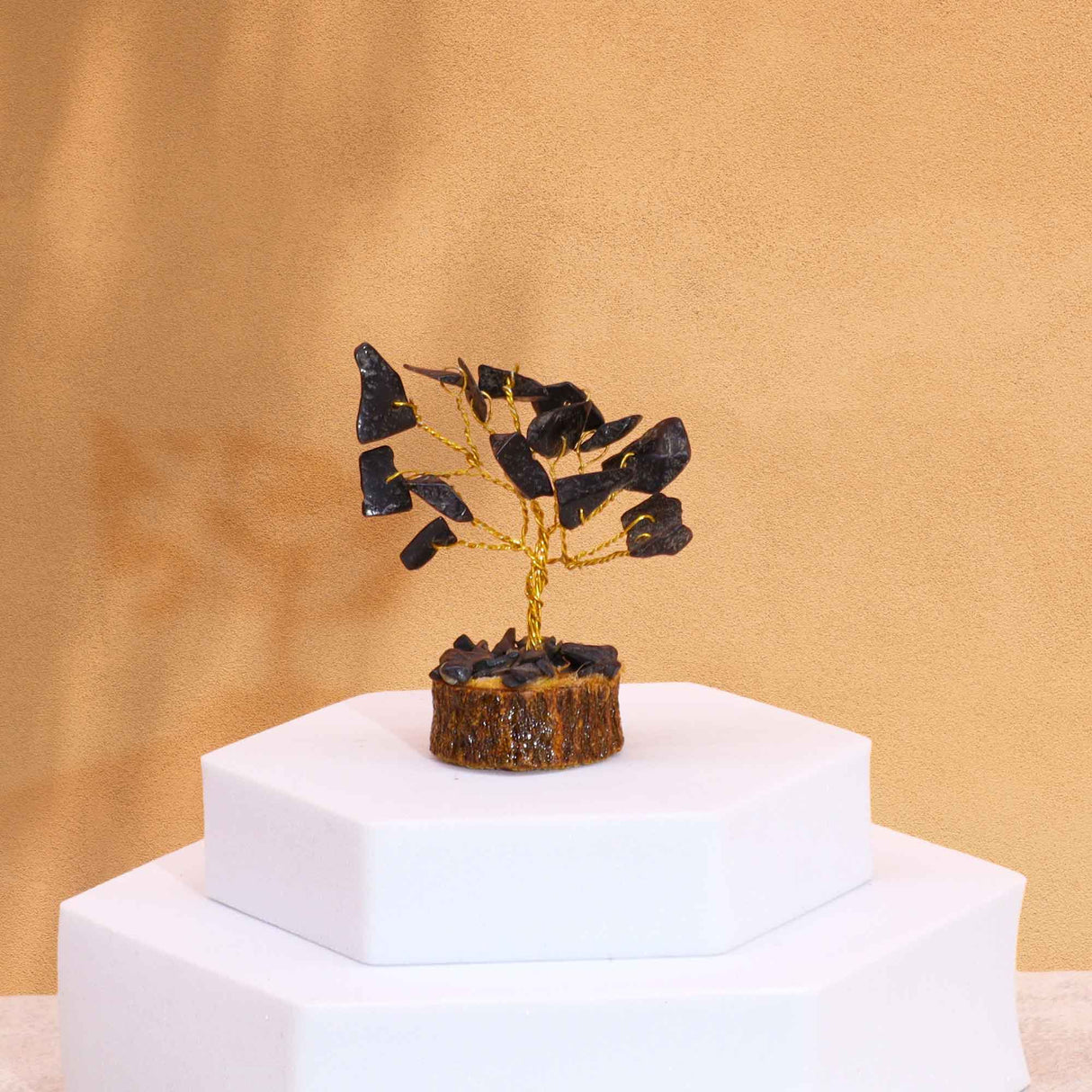 Black Agate Gemstone Tree Wood Base – 15 Gemstones