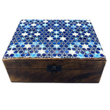 Keramikglasierte Holz-Aufbewahrungsbox, Blaue Sterne 20x15x7,5cm