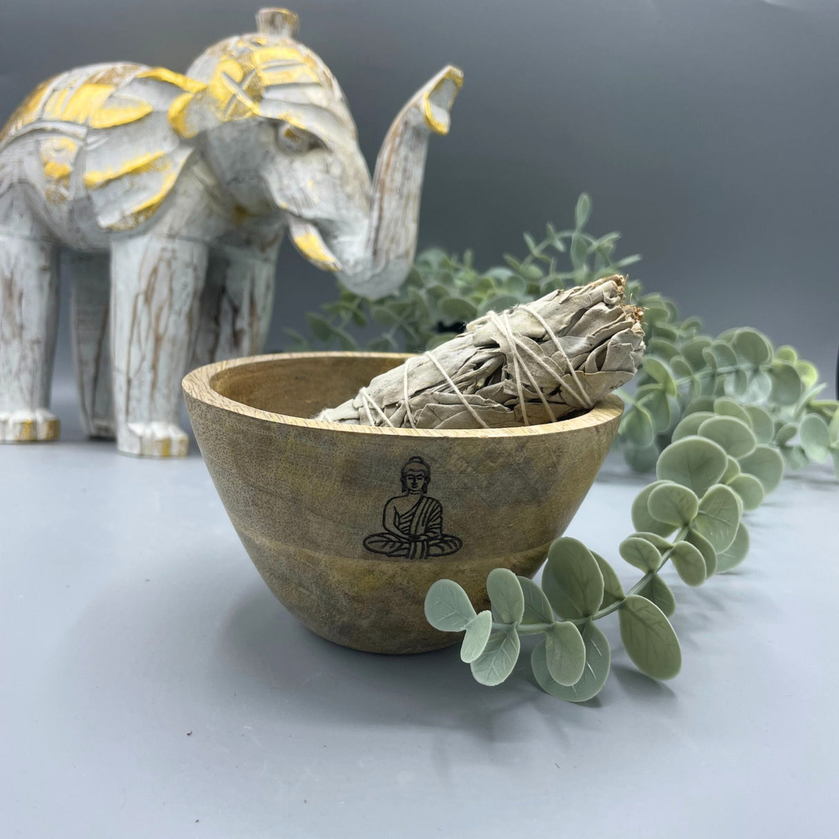 Wooden Smudge Offering Bowl Buddha 11x7cm