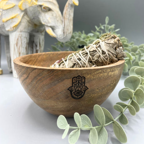 Wooden Smudge and Ritual Offerings Bowl - Hamsa - 13x7cm