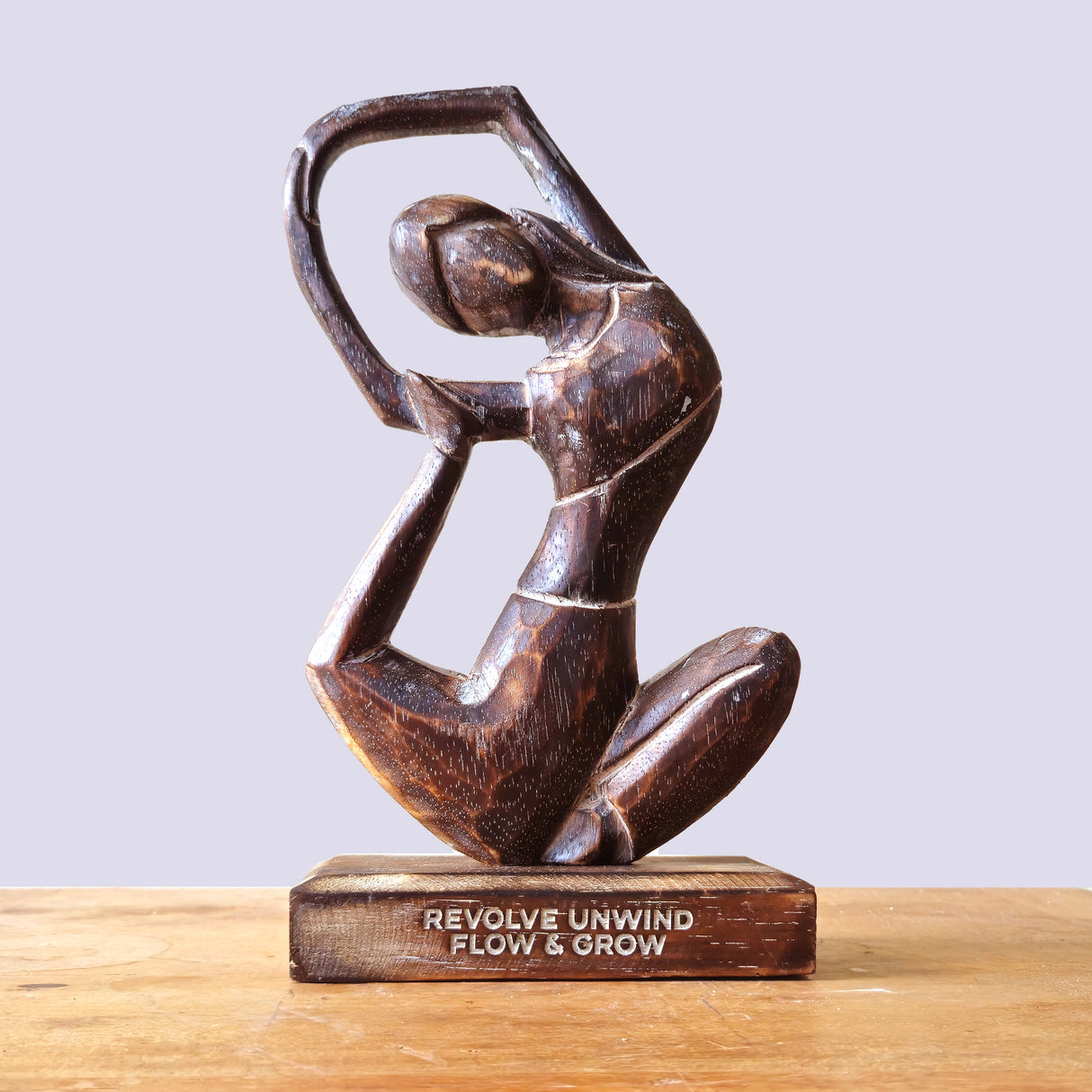 Antique Wooden Yoga Lady Sculpture in Revolved Pose - "Revolve Unwind Flow & Grow" - Abstract Art with Natural Wood Finish