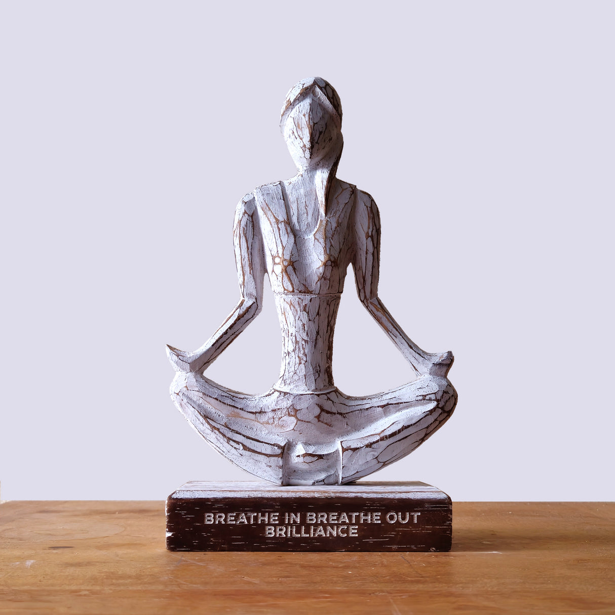 Rustic Whitewash Wooden Yoga Lady Sculpture in Easy Pose with 'Breathe In Breathe Out Brilliance' Inscription - Mindful Home Decor