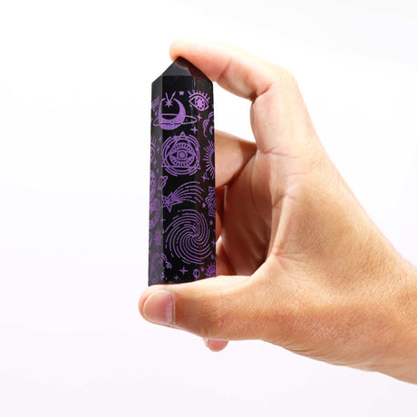 Black Obsidian Crystal Point Purple Celestial Design