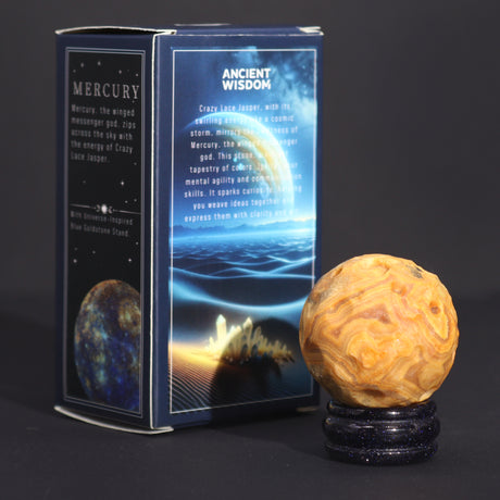 Crazy Lace Jasper Sphere With Goldstone Stand – Mercury