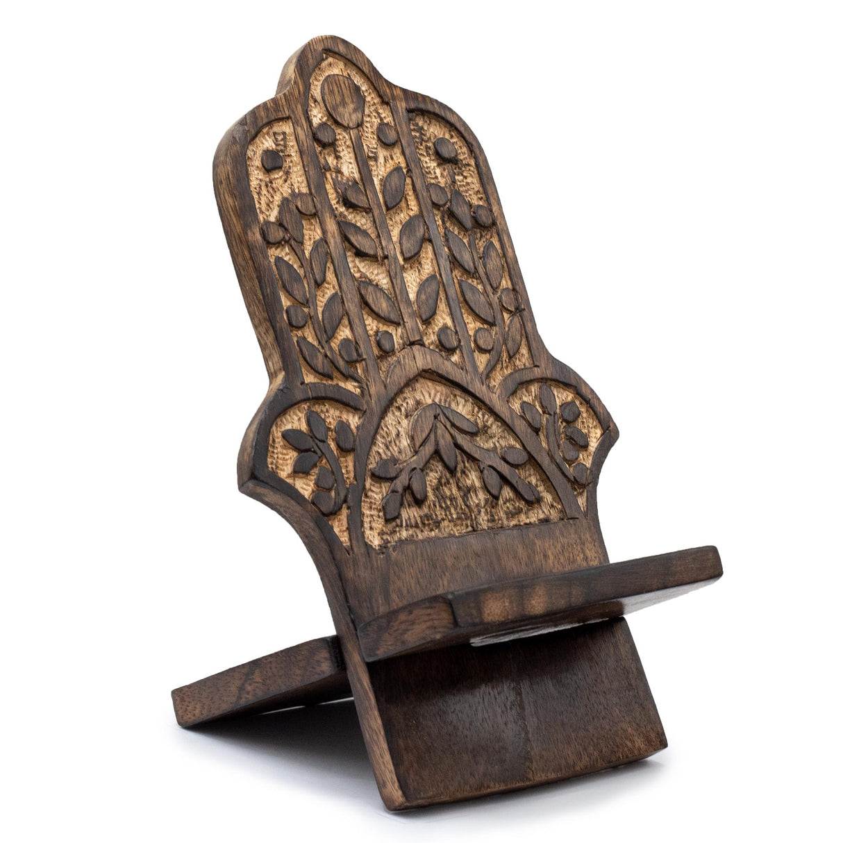 Eco-Friendly Hand-Carved Mango Wood Phone Stand with Hamsa Design for Protection and Style