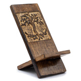 Eco-Friendly Mango Wood Phone Stand with Tree of Life Carving - Rustic and Durable Holder for Smartphones