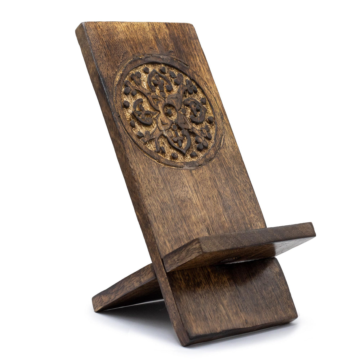 Eco-Friendly Mango Wood Mandala Carved Phone Stand - Rustic & Elegant Smartphone Holder