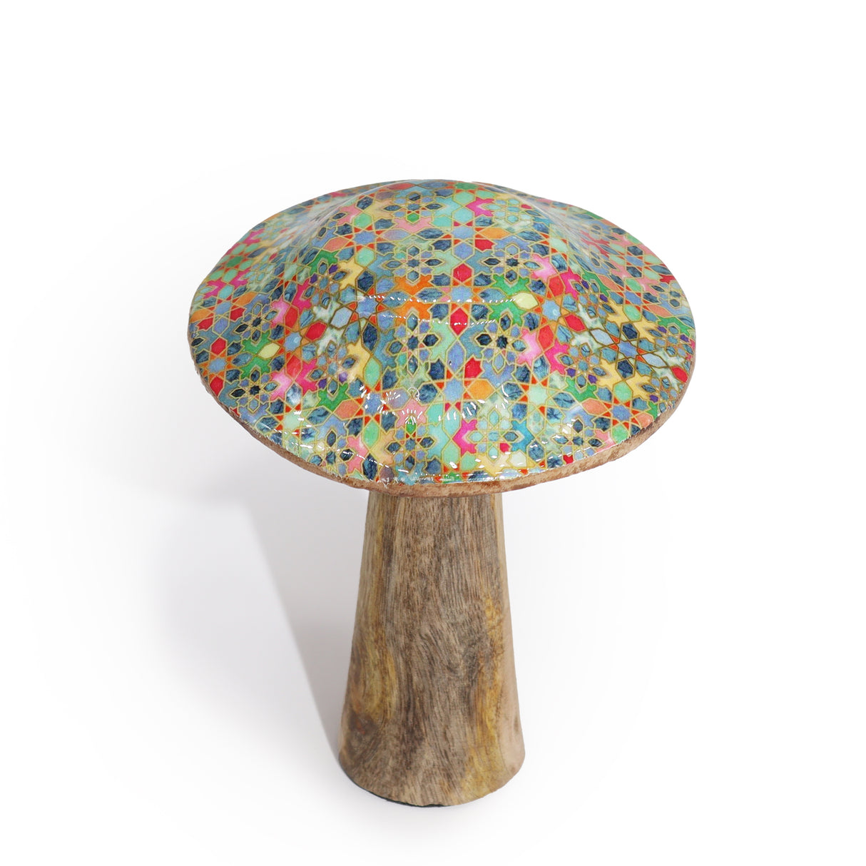 Handcrafted Small Wooden Mushroom Decor with Mediterranean Tile Pattern – Vibrant Artistic Accent for Home