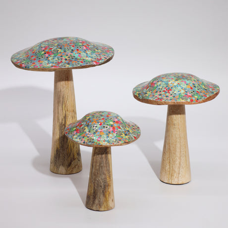 Hand-Painted Wooden Mushroom with Mediterranean Tile Pattern – Unique Home Décor & Gift Idea