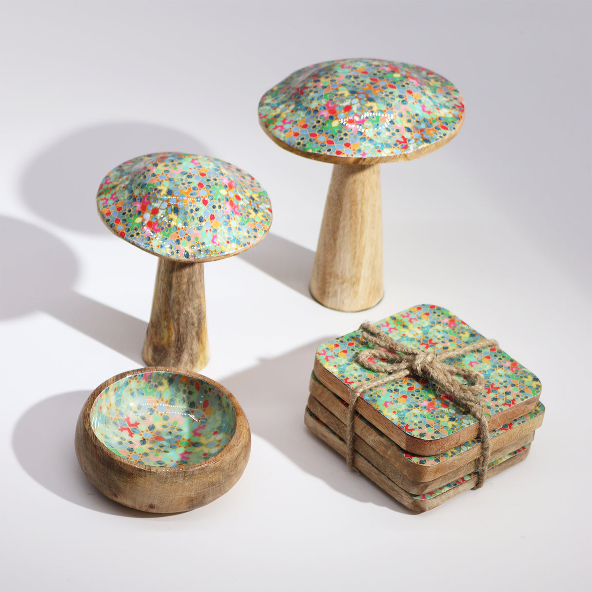 Hand-Painted Wooden Mushroom with Mediterranean Tile Pattern – Unique Home Décor & Gift Idea