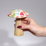 Charming Hand-Painted Small Wooden Mushroom with Pastel Heart Patterns – Perfect Decorative Accent for Home & Nursery