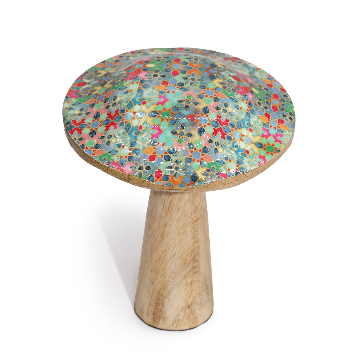 Hand-Painted Wooden Mushroom with Mediterranean Tile Pattern – Unique Home Décor & Gift Idea