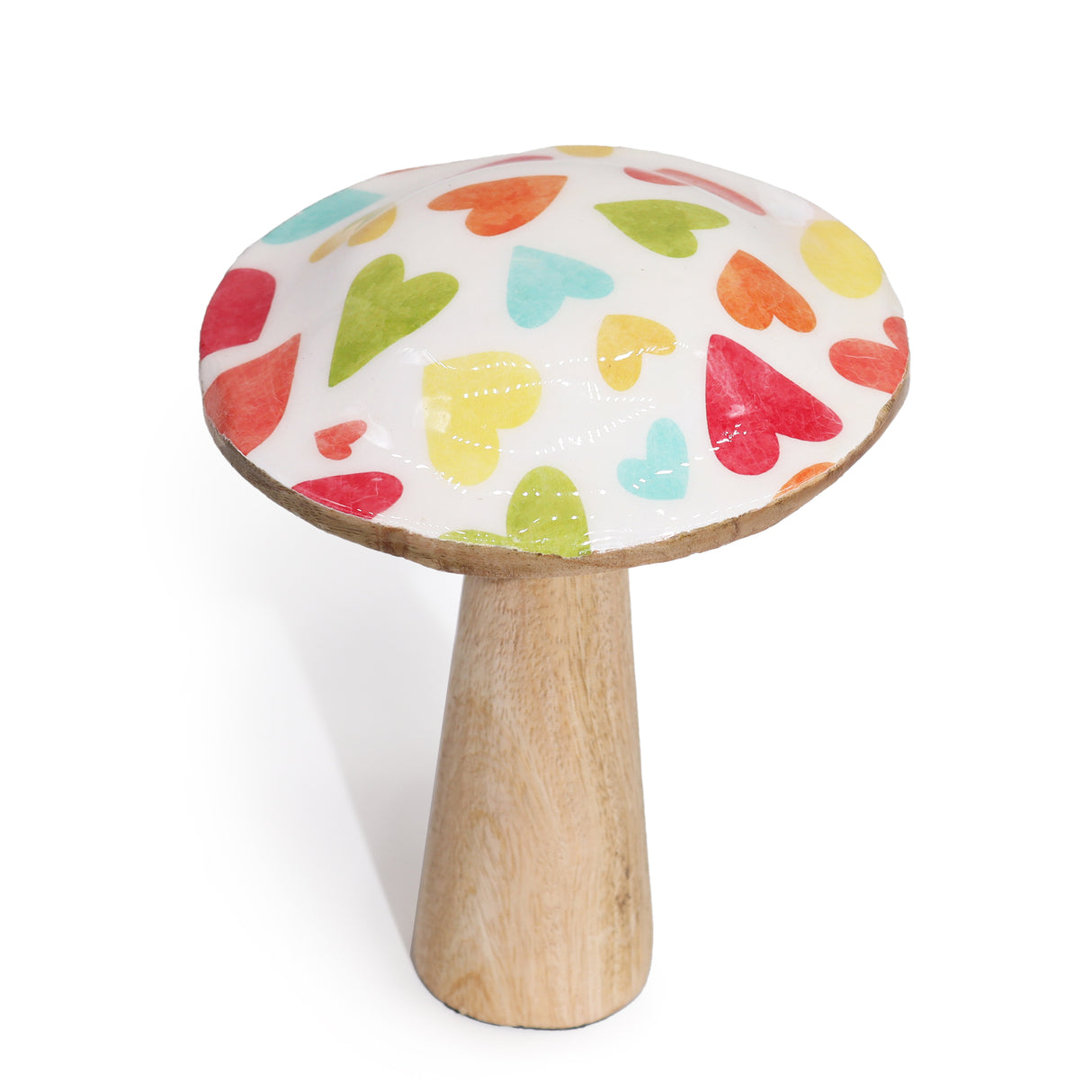 Charming Hand-Painted Wooden Mushroom with Pastel Heart Patterns – Whimsical Décor for Cozy Spaces