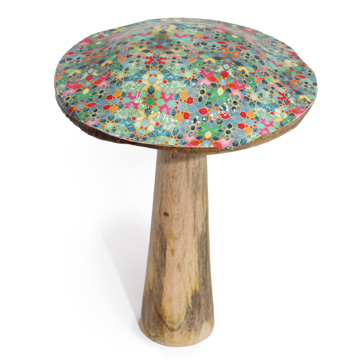 Handcrafted Large Wooden Mushroom with Mediterranean Tile Pattern – Whimsical Decorative Accent for Home and Garden