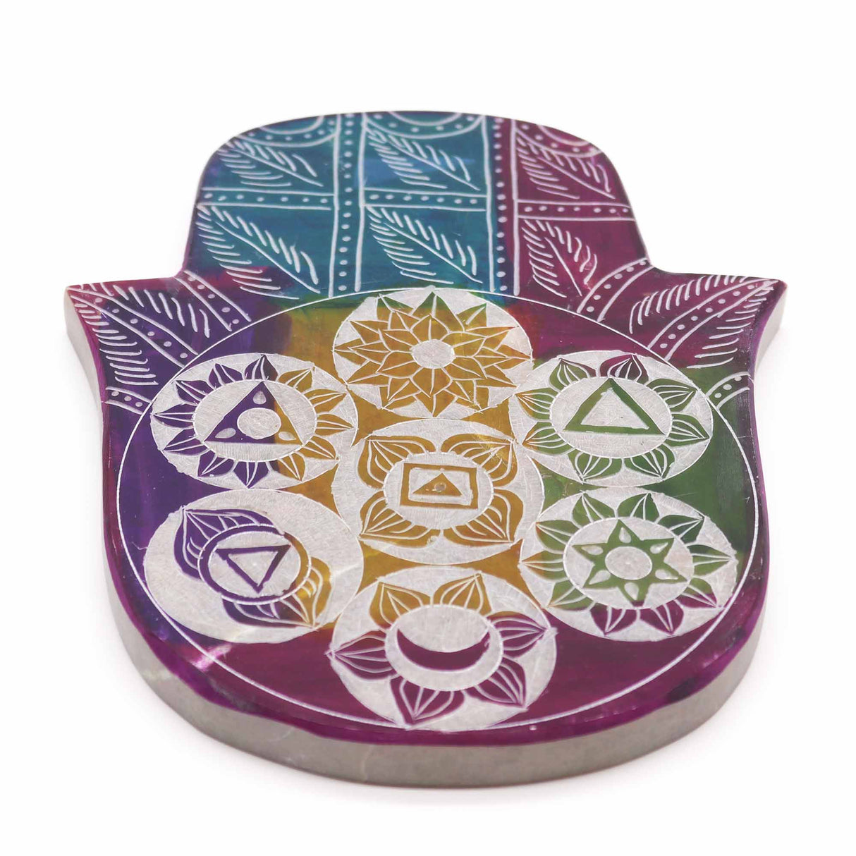 Vibrant Soapstone Hamsa Incense Burner with 7 Chakra Symbols for Spiritual Protection & Energy Balance