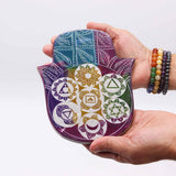 Vibrant Soapstone Hamsa Incense Burner with 7 Chakra Symbols for Spiritual Protection & Energy Balance
