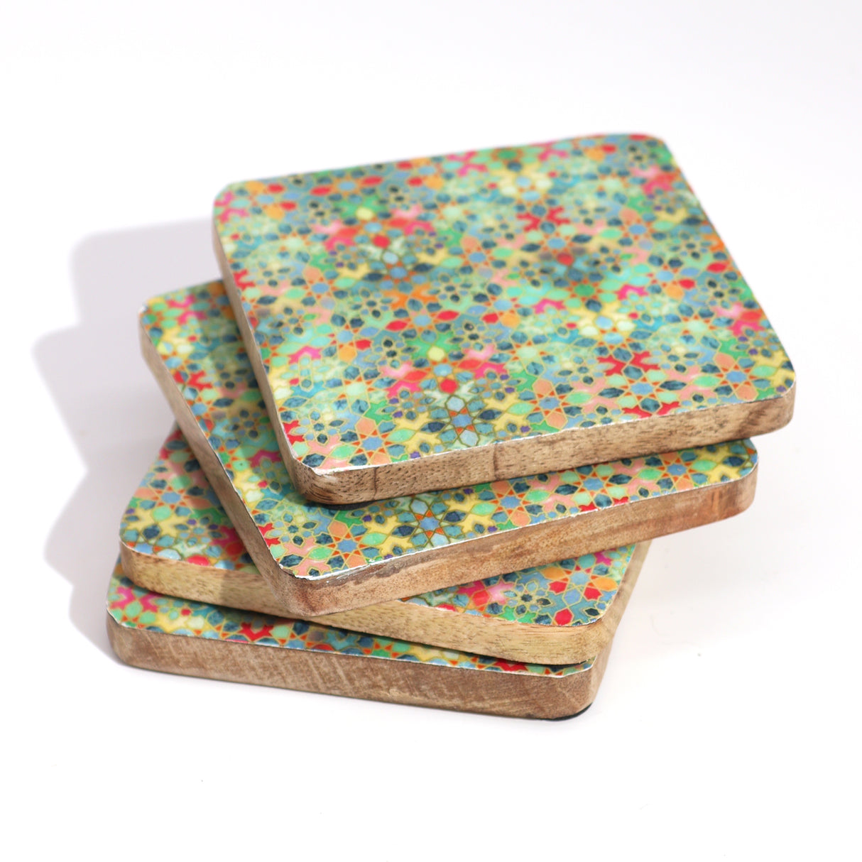 Set of 4 Mediterranean Tile Pattern Square Coasters with Wooden Edges - Colorful Mosaic Design