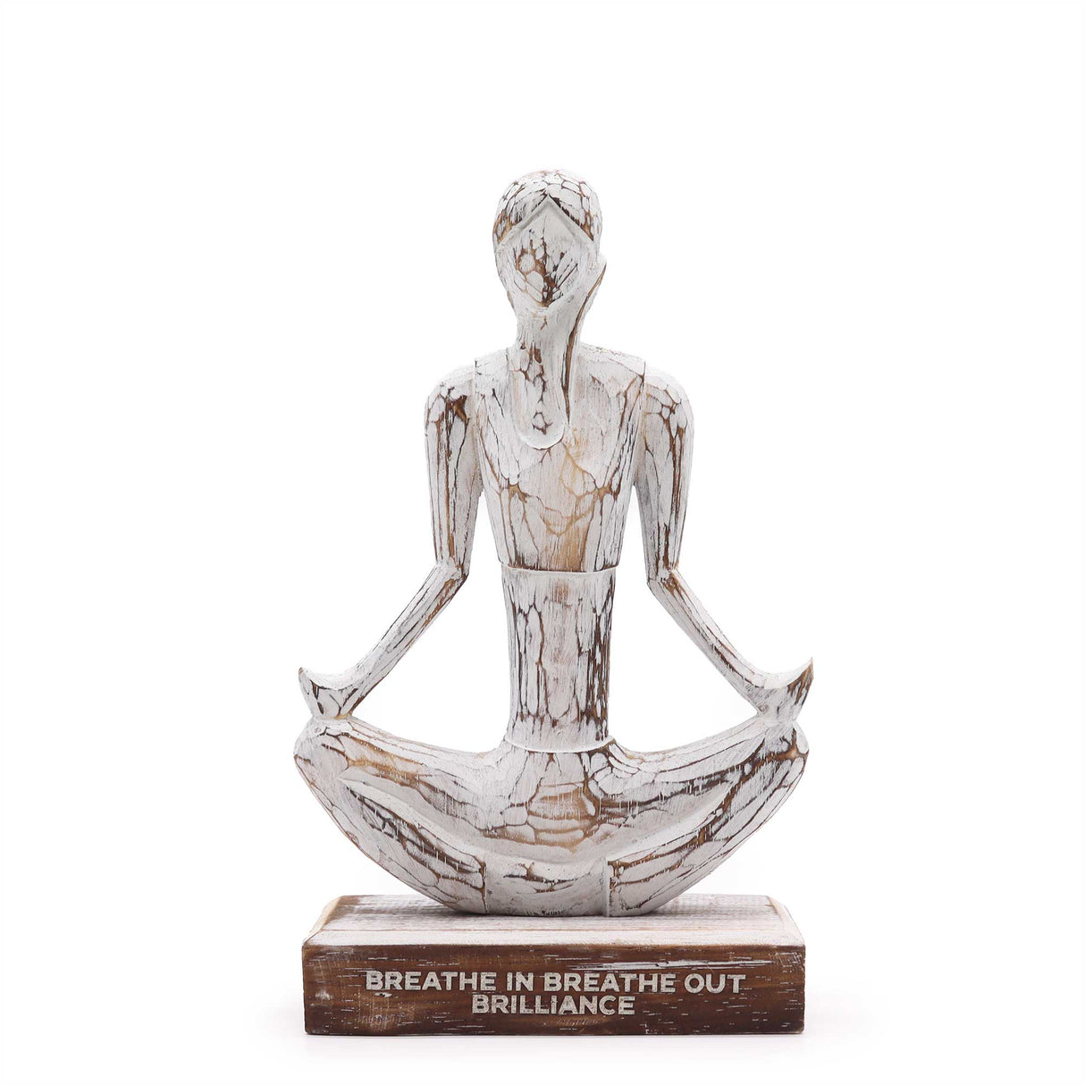 Rustic Whitewash Wooden Yoga Lady Sculpture in Easy Pose with 'Breathe In Breathe Out Brilliance' Inscription - Mindful Home Decor