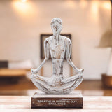 Rustic Whitewash Wooden Yoga Lady Sculpture in Easy Pose with 'Breathe In Breathe Out Brilliance' Inscription - Mindful Home Decor