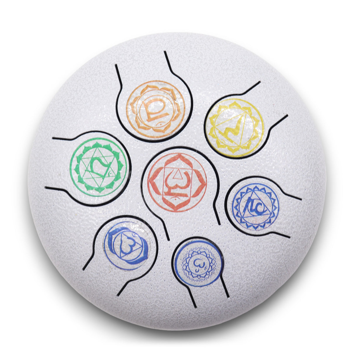 7 Chakra Hapi Steel Tongue Drum - 18cm White Percussion Instrument with Colorful Chakra Symbols and Mallets