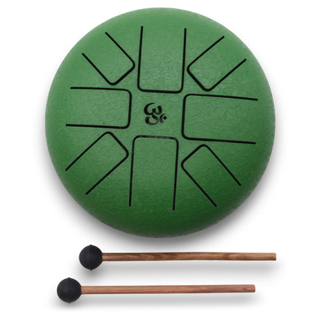 Green Hapi Drum Om - 16cm Steel Tongue Drum with Mallets for Meditation and Relaxation