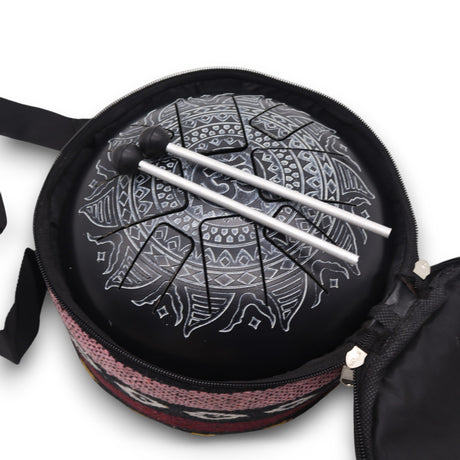 Med Hapi Drum Om Mandala Engraved Steel Tongue Drum - 22x15cm | Black Meditation Instrument with Mallets for Relaxation & Musical Performance