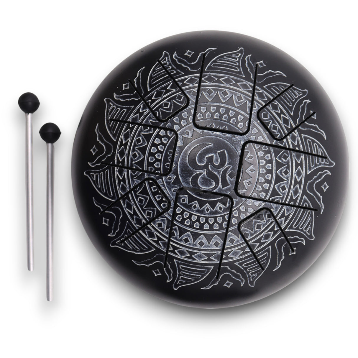 Med Hapi Drum Om Mandala Engraved Steel Tongue Drum - 22x15cm | Black Meditation Instrument with Mallets for Relaxation & Musical Performance