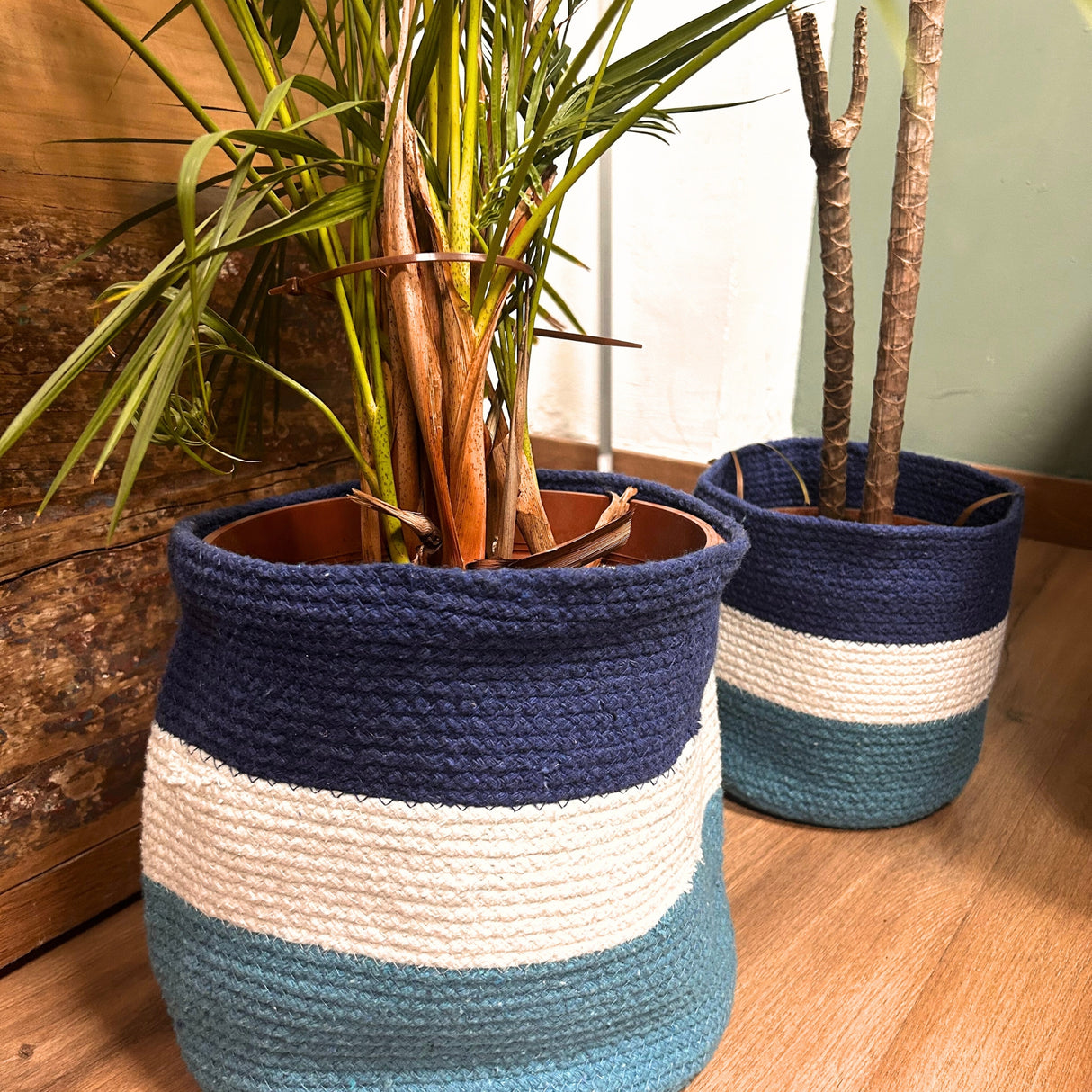 Set of 3 Evil Eye Jute Rope Storage Baskets - Durable, Decorative, and Eco-Friendly Organizers with Blue, White, and Teal Striped Design