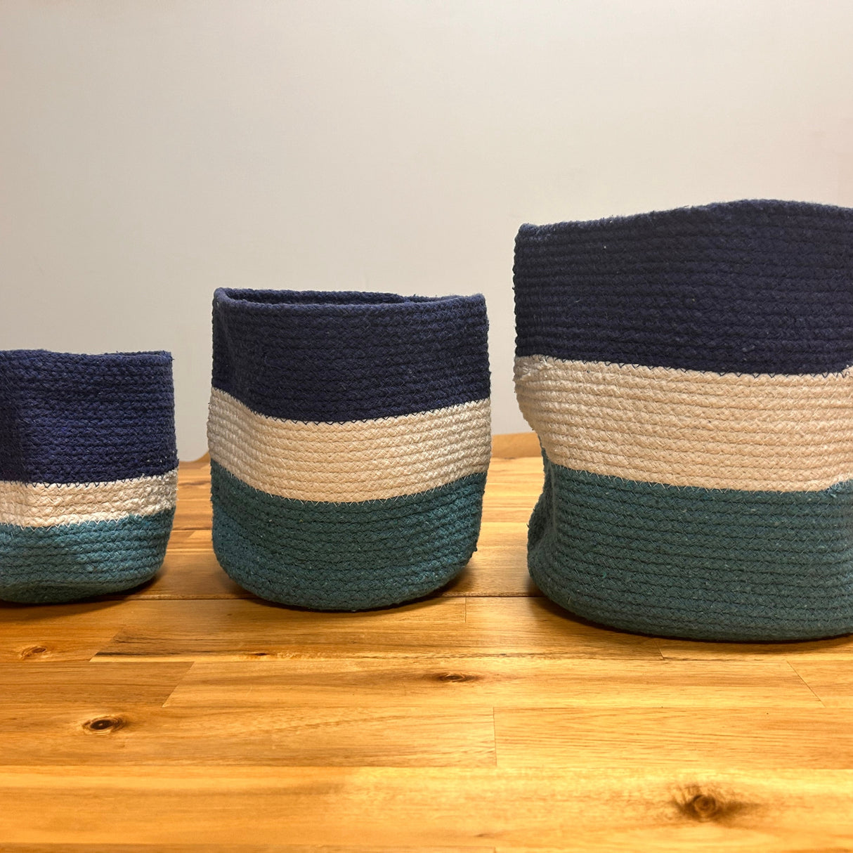 Set of 3 Evil Eye Jute Rope Storage Baskets - Durable, Decorative, and Eco-Friendly Organizers with Blue, White, and Teal Striped Design