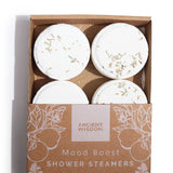 Ancient Wisdom Mood Boost Shower Steamers Gift Set - All-Natural Essential Oils, Vegan & Cruelty-Free, Made in Sheffield, UK - Uplifting Aromatherapy with Grapefruit, Bergamot, Rosemary, Lemon Tea Tree - Set of 4