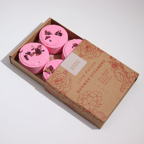 Love Potion Shower Steamers Gift Set - 4 Vegan-Friendly Aromatherapy Steamers with All-Natural Essential Oils - Made in Sheffield, UK