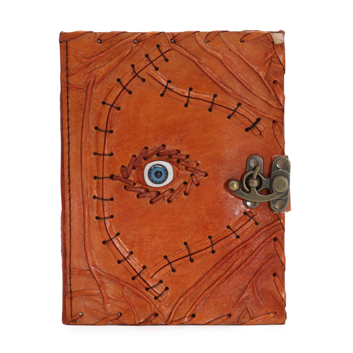 Handcrafted Leather Journal with Evil Eye Design - 160 Deckle Edge Pages, 20x15cm - Vintage Steampunk Notebook with Metal Clasp