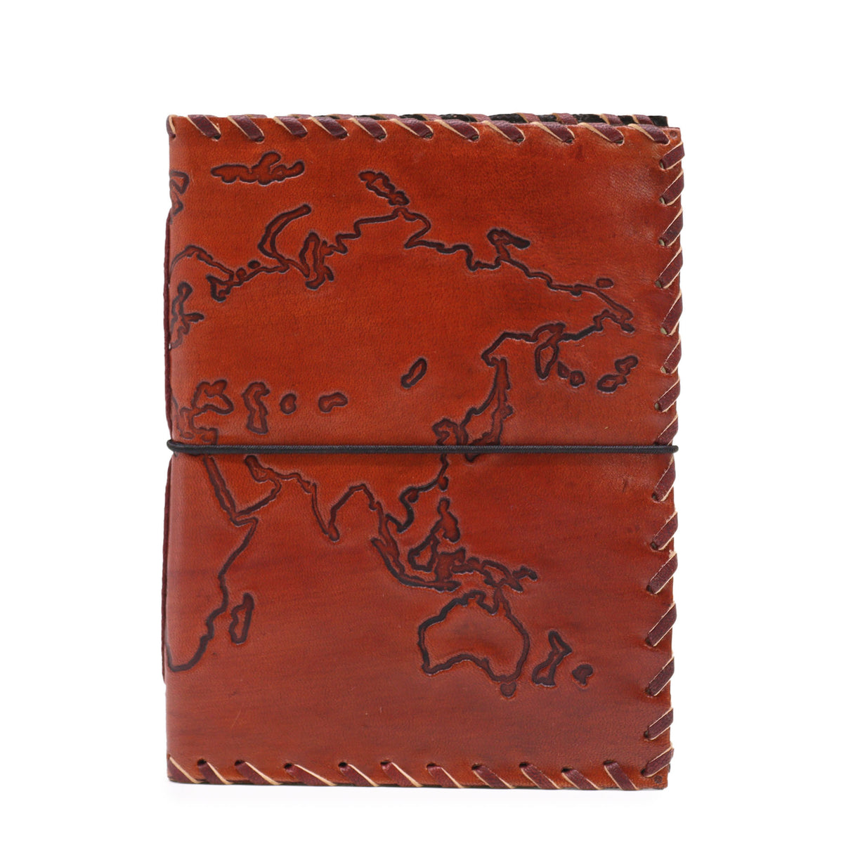 Handcrafted Leather Travel Journal with Map Design - Light Tan, 96 Pages, 17x13cm - Elegant Brown Cover with Black Elastic Band and Decorative Stitching